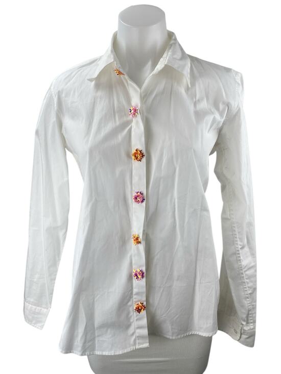 Sarto Tops - Sarto White Beaded Button Down Heart CutOut Long Sleeve Shirt Blouse Top Size S